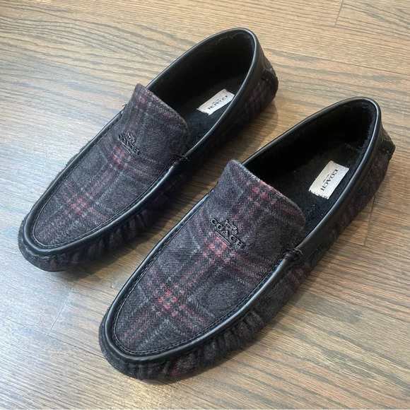 COACH FG4832 DARK GREY PLAID Faux Shearling SLIPPERS - Picture 1 of 12